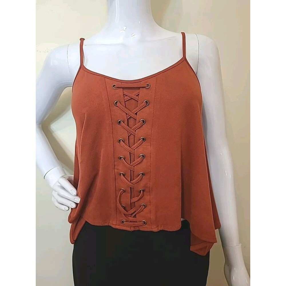 Abbeline Lace Up Tank Top Crop Top Women's Size XS Rust Brown Spaghetti Straps